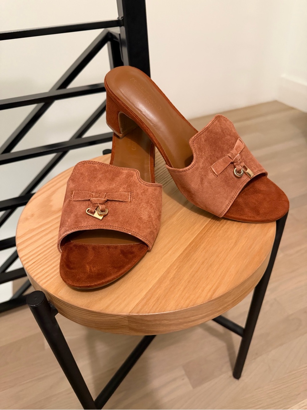 Suede Open-Toe Slide Heels in Rust Brown